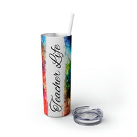 Teacher Life Rainbow Alcohol Ink Printed Skinny Tumbler with Straw, 20oz!