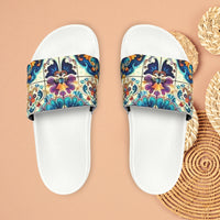 Boho Purple and Cream Tile Print Pink Summer Beach Slides, Women's PU Slide Sandals! Free Shipping!!!