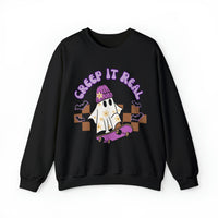 Creep it Real Skate Boarding Retro Ghost Unisex Heavy Blend Crewneck Sweatshirt! Halloween! Fall Vibes!