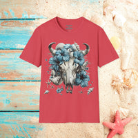 Coastal Cowgirl Cow Skull Hibiscus Florals Blue Unisex Graphic Tees! Summer Vibes! All New Heather Colors!!! Free Shipping!!!