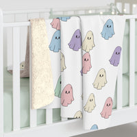 White Pastel Happy Little Retro Ghost Sherpa Fleece Blanket! Halloween!