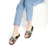 Boho Patchwork Navy and Yellow Summer Beach Slides, Women's PU Slide Sandals! Free Shipping!!!