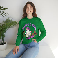 Creep it Real Skate Boarding Retro Ghost Unisex Heavy Blend Crewneck Sweatshirt! Halloween! Fall Vibes!