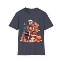 Halloween Vintage Skeleton Coffee and Books Unisex Graphic Tees! Fall Vibes!