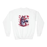 Valentines Day Unicorn Pink Horse Sunglasses Red Hearts Youth Crewneck Sweatshirt! Foxy Kids! Free Shipping!