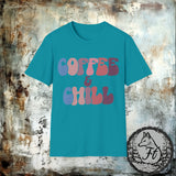 Coffee and Chill Purple and Blue Retro Unisex Graphic Tees! Sarcastic Vibes!