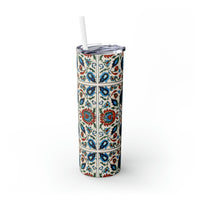 Western/Boho Inspired Teal Red and Cream Florals Skinny Tumbler with Straw, 20oz!