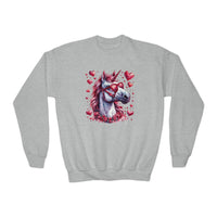 Valentines Day Unicorn Pink Horse Sunglasses Red Hearts Youth Crewneck Sweatshirt! Foxy Kids! Free Shipping!