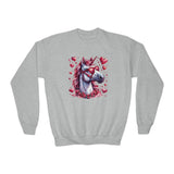 Valentines Day Unicorn Pink Horse Sunglasses Red Hearts Youth Crewneck Sweatshirt! Foxy Kids! Free Shipping!