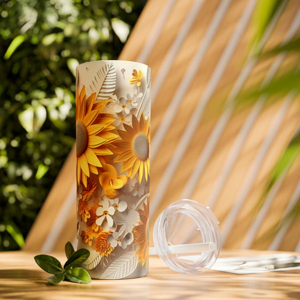 3D Paper Sunflowers Skinny Tumbler with Straw, 20oz!