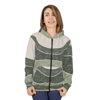 Green Beige Color Block Wave Unisex Full Zip Jacket! Polyester exterior, Fleece interior! Free Shipping!