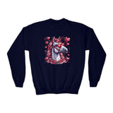 Valentines Day Unicorn Pink Horse Sunglasses Red Hearts Youth Crewneck Sweatshirt! Foxy Kids! Free Shipping!