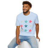 Pink and Blue Star Fish Medley Unisex Graphic Tees! Summer Vibes! All New Heather Colors!!! Free Shipping!!!