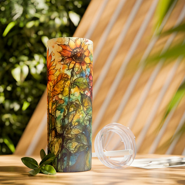 Alcohol Ink Sunflower Skinny Tumbler with Straw, 20oz!