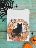 Black Cat Pumpkin Wreath Halloween Fall Vibes Unisex Graphic Tees!