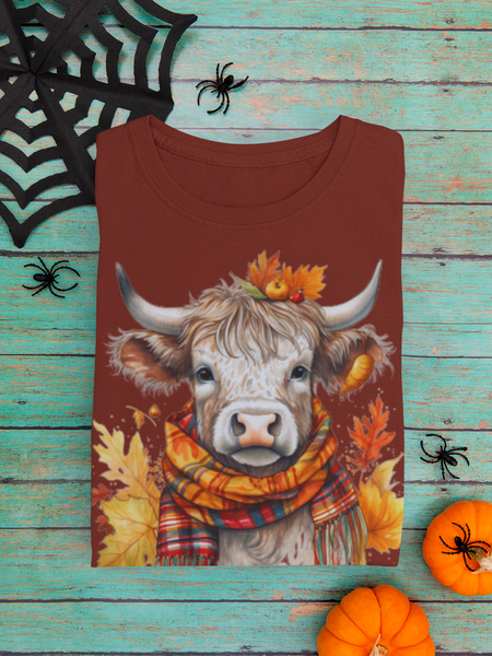 Young Highlander Cow With Scottish Scarf Unisex Graphic Tees! Halloween! Fall Vibes!