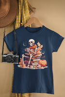 Halloween Vintage Skeleton Coffee and Books Unisex Graphic Tees! Fall Vibes!