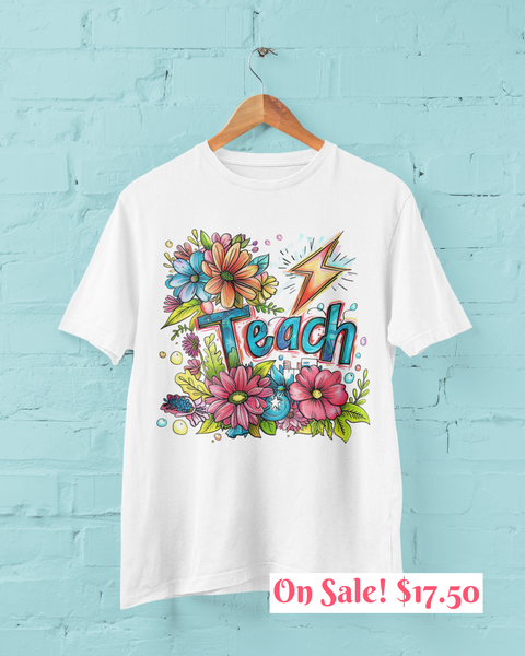 Teach Retro Floral Lightning Bolt Unisex Graphic Tees! All New Heather Colors!!! Free Shipping!!! Back To School!