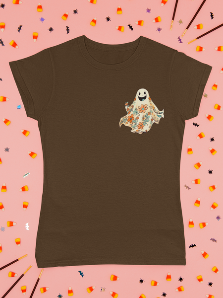 Vintage Retro Floral Ghost Pocket Unisex Graphic Tee Style! Fall Vibes! Halloween!