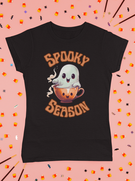 Spooky Season Little Ghost in a coffee Cup Halloween Unisex Graphic Tees! Fall Vibes!