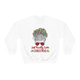 Just Really Love Christmas Bun Girl holiday Lights Unisex Heavy Blend Crewneck Sweatshirt! Winter Vibes!