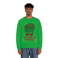 Just Really Love Christmas Bun Girl holiday Lights Unisex Heavy Blend Crewneck Sweatshirt! Winter Vibes!