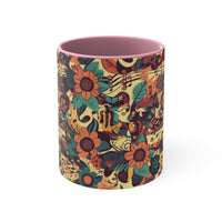 Vintage 70's Inspired Musical Notes Florals Accent Coffee Mug, 11oz!