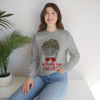 Just Really Love Christmas Bun Girl holiday Lights Unisex Heavy Blend Crewneck Sweatshirt! Winter Vibes!