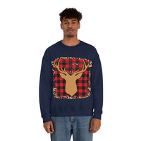 Minimalistic Buffalos Plaid Deer Holiday Unisex Heavy Blend Crewneck Sweatshirt! Winter Vibes!