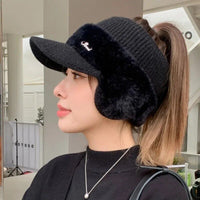 Trendy Winter Warm Knitted Hat with Visor and Ponytail Opening