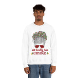 Just Really Love Christmas Bun Girl holiday Lights Unisex Heavy Blend Crewneck Sweatshirt! Winter Vibes!