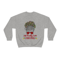 Just Really Love Christmas Bun Girl holiday Lights Unisex Heavy Blend Crewneck Sweatshirt! Winter Vibes!