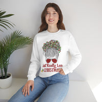 Just Really Love Christmas Bun Girl holiday Lights Unisex Heavy Blend Crewneck Sweatshirt! Winter Vibes!