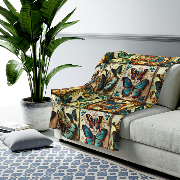 Vintage 70's Inspired Butterfly Quilt Pattern Velveteen Plush Blanket!