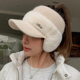 Trendy Winter Warm Knitted Hat with Visor and Ponytail Opening