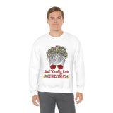 Just Really Love Christmas Bun Girl holiday Lights Unisex Heavy Blend Crewneck Sweatshirt! Winter Vibes!