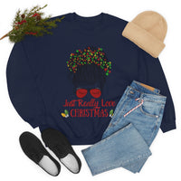 Just Really Love Christmas Bun Girl holiday Lights Unisex Heavy Blend Crewneck Sweatshirt! Winter Vibes!