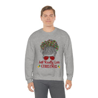 Just Really Love Christmas Bun Girl holiday Lights Unisex Heavy Blend Crewneck Sweatshirt! Winter Vibes!