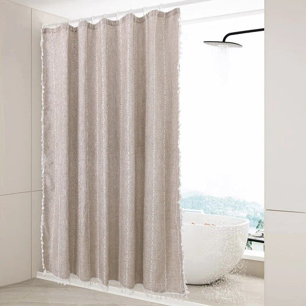 Luxurious Boho-Chic Striped Linen Cotton Shower Curtain with Tassels and Hooks
