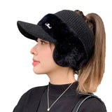 Trendy Winter Warm Knitted Hat with Visor and Ponytail Opening