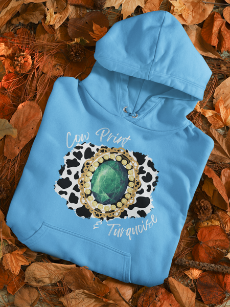 Cow Print and Turquoise Graphic Unisex Hoodie! Fall Vibes! FreckledFoxCompany