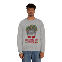 Just Really Love Christmas Bun Girl holiday Lights Unisex Heavy Blend Crewneck Sweatshirt! Winter Vibes!