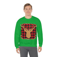 Minimalistic Buffalos Plaid Deer Holiday Unisex Heavy Blend Crewneck Sweatshirt! Winter Vibes!