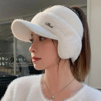 Trendy Winter Warm Knitted Hat with Visor and Ponytail Opening