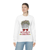 Just Really Love Christmas Bun Girl holiday Lights Unisex Heavy Blend Crewneck Sweatshirt! Winter Vibes!