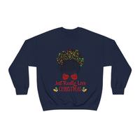 Just Really Love Christmas Bun Girl holiday Lights Unisex Heavy Blend Crewneck Sweatshirt! Winter Vibes!