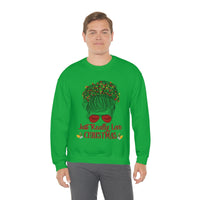 Just Really Love Christmas Bun Girl holiday Lights Unisex Heavy Blend Crewneck Sweatshirt! Winter Vibes!