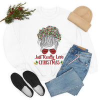 Just Really Love Christmas Bun Girl holiday Lights Unisex Heavy Blend Crewneck Sweatshirt! Winter Vibes!