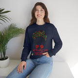 Just Really Love Christmas Bun Girl holiday Lights Unisex Heavy Blend Crewneck Sweatshirt! Winter Vibes!