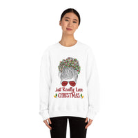 Just Really Love Christmas Bun Girl holiday Lights Unisex Heavy Blend Crewneck Sweatshirt! Winter Vibes!